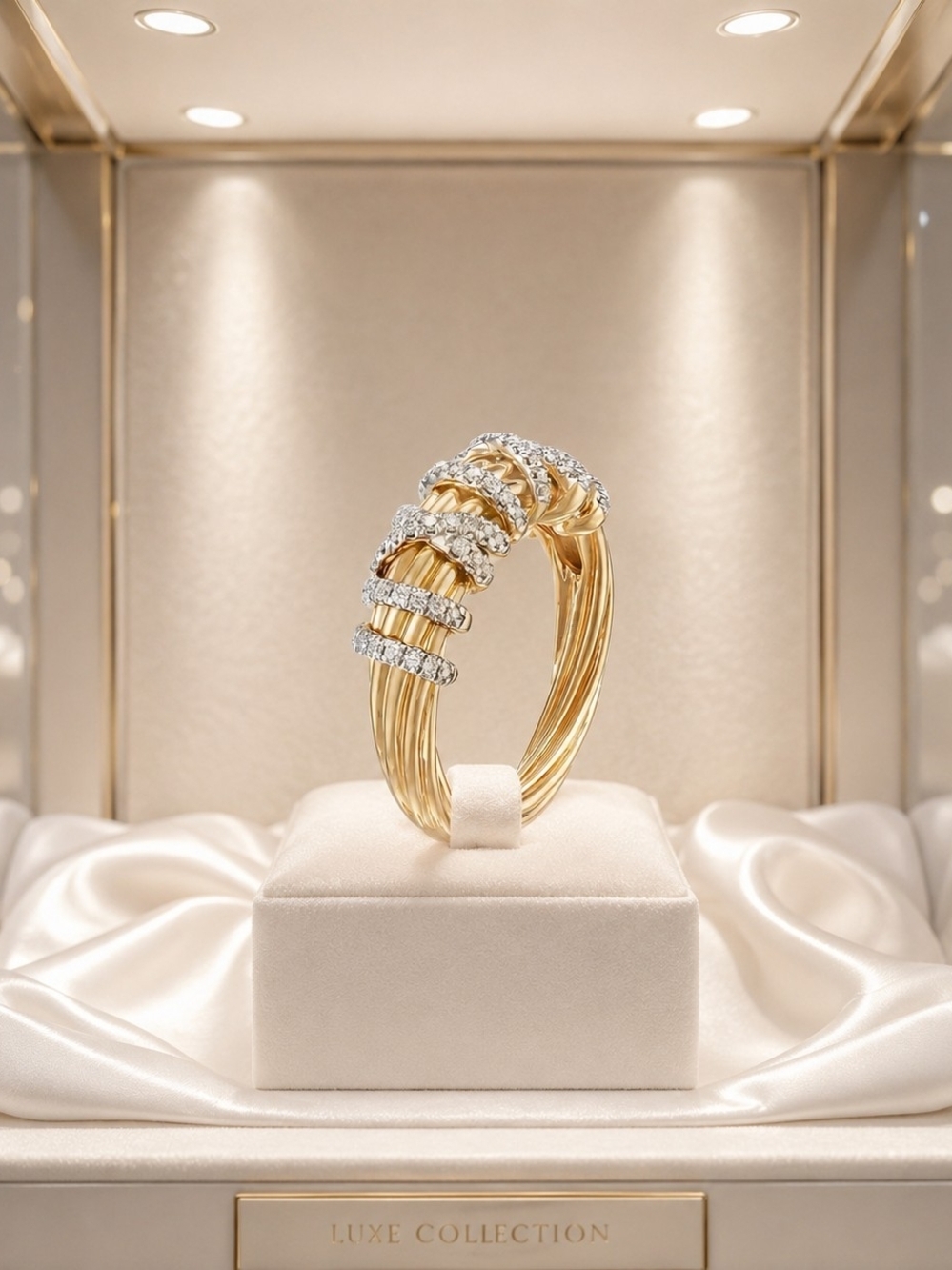 Gold and Silver Twisted Cable Ring with Crystal Bands